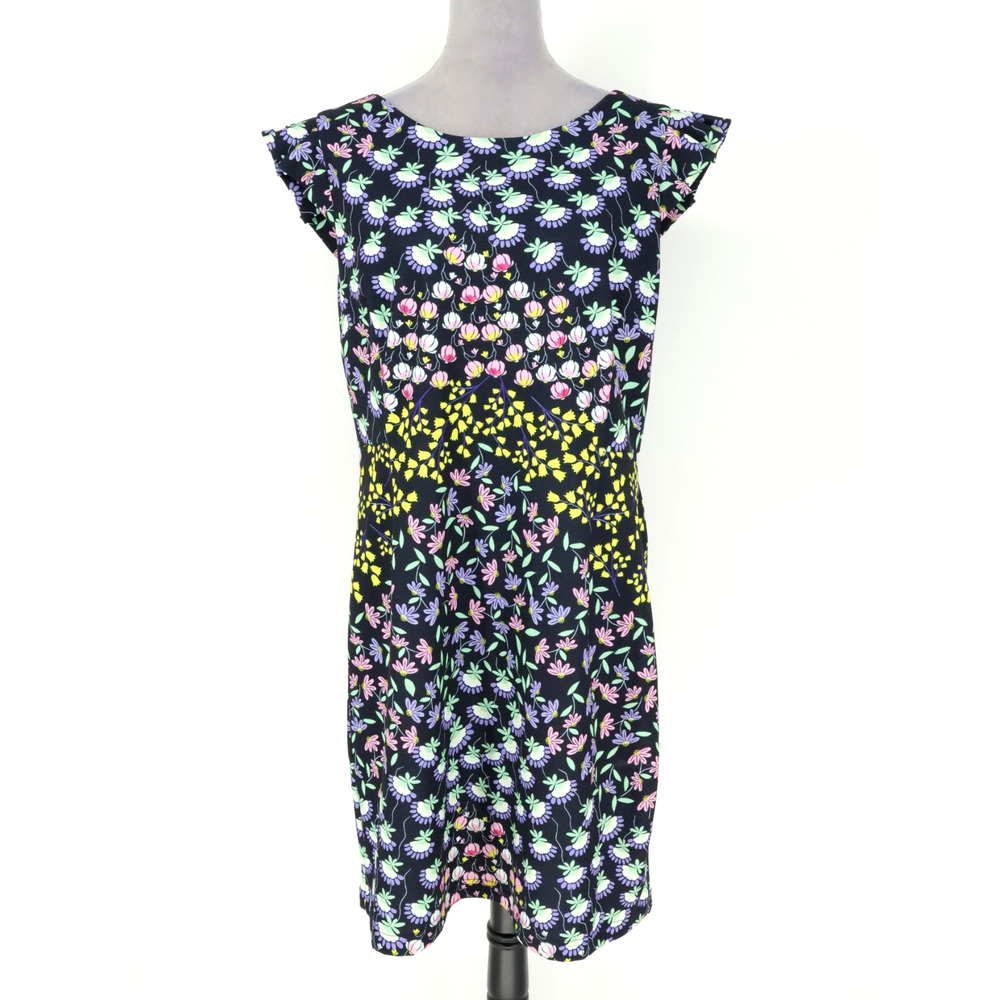 Nanette Lapore Dress Womens 16 Navy Blue Floral Cap Sleeve Back Zip Back Tie